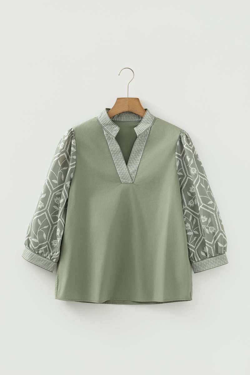 Grass Green Floral Puff Sleeve Contrast V Neck Patchwork Blouse