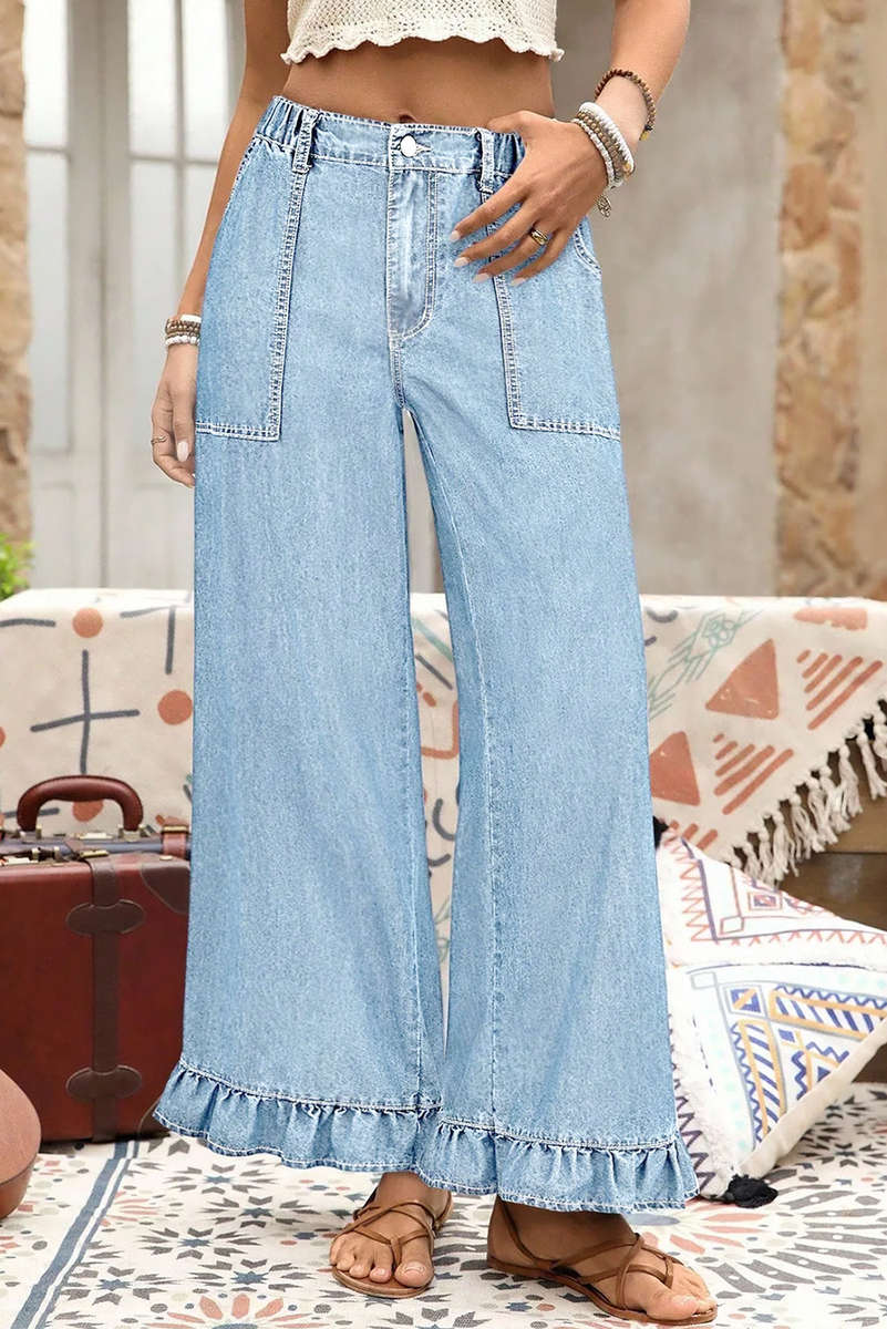 Beau Blue Plus Size Elastic Waist Ruffled Wide Leg Denim Pants