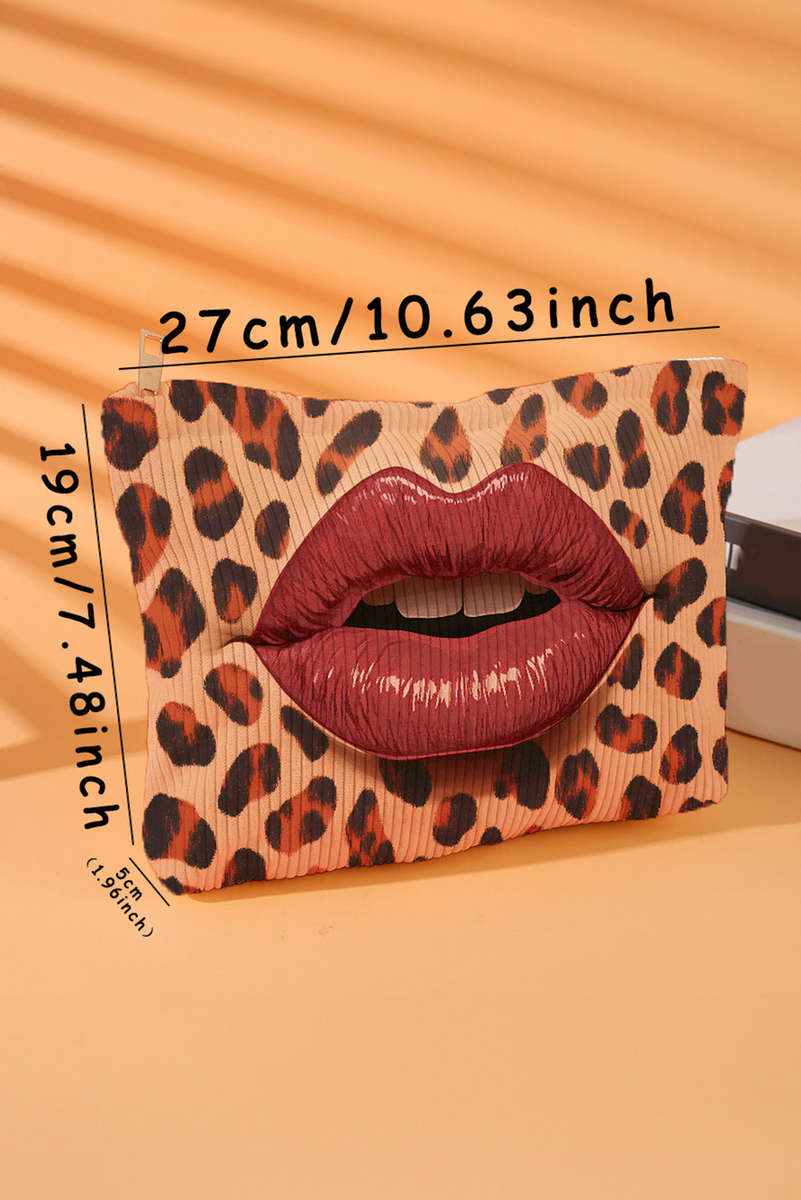 Brown Leopard Lip Shape Print Canvas Functional Makeup Bag
