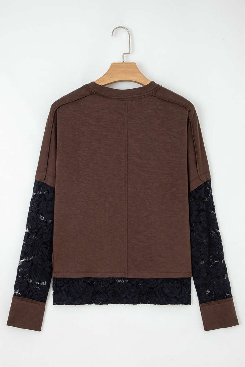 Dark Brown Sheer Lace Patchwork Casual Long Sleeve Tee