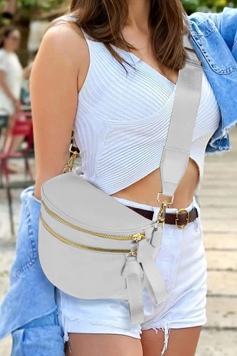 Light Grey Double Zip Crescent Shape Adjustable Sling Bag