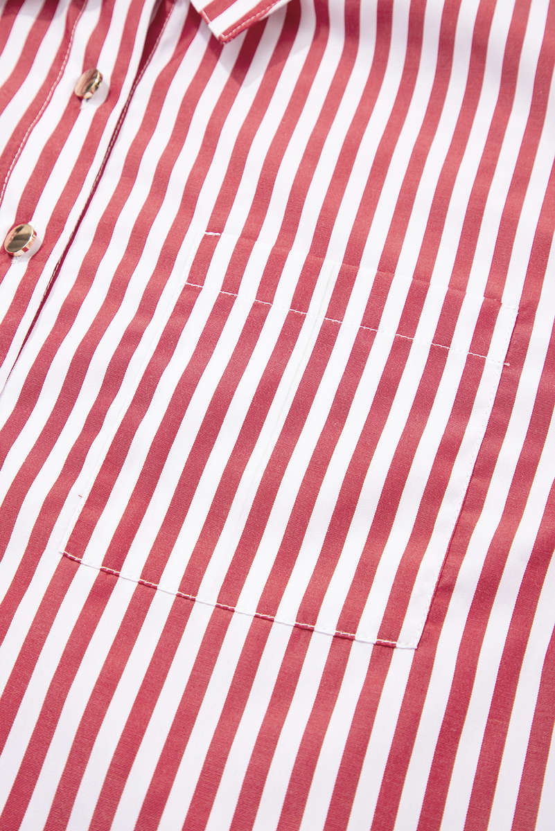Red Stripe Patched Pocket Side Slit Loose Shirt