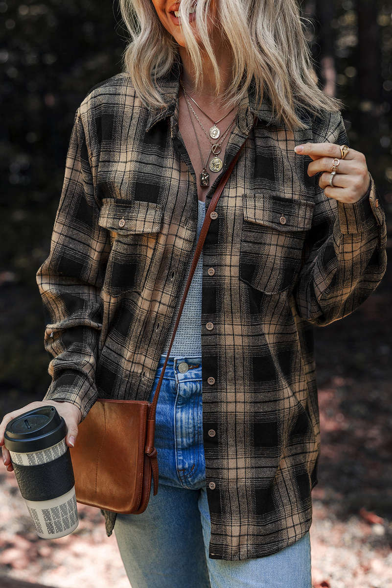 Multicolour Retro Plaid Double Flap Pocket Brushed Shacket