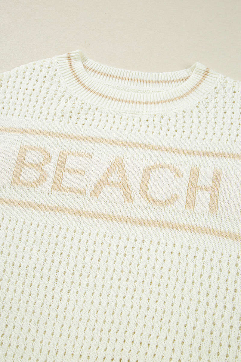 White BEACH Hollow Out Knitted Lightweight Dolman Sweater