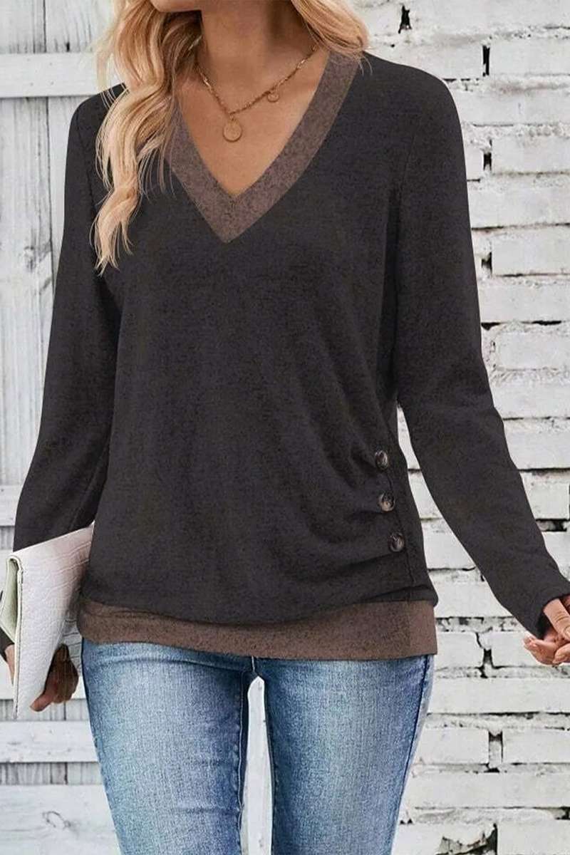 Chicory Coffee Color Block Trim V Neck Button Decor Long Sleeve Top