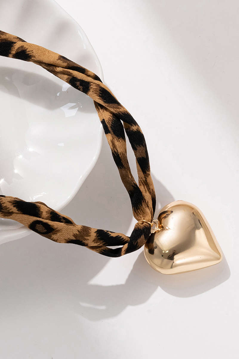 Gold Puffy Heart Charm Leopard Scarf Necklace