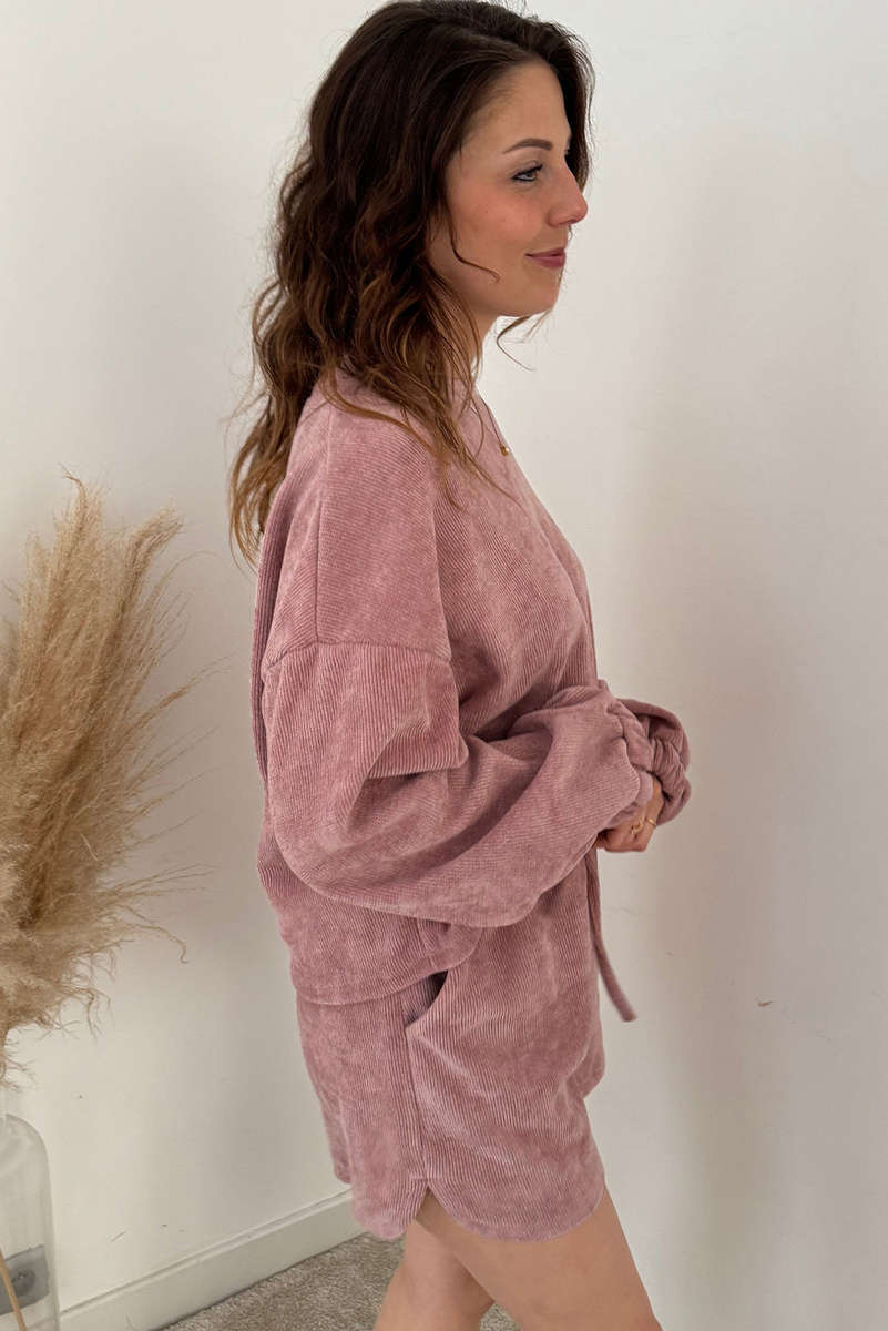 Fushia Solid Color Textured Knit Drop Shoulder Pullover Drawstring Shorts Set