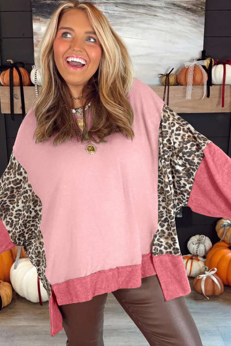 Light Pink Color Block Leopard Patchwork Dolman Sleeve High Low Baggy Sweatshirt