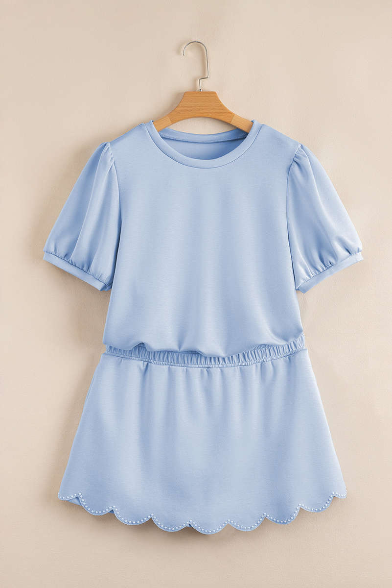 Beau Blue Puff Sleeve Pearl Embellished Scallop Trim Top 2 Piece Skort Set