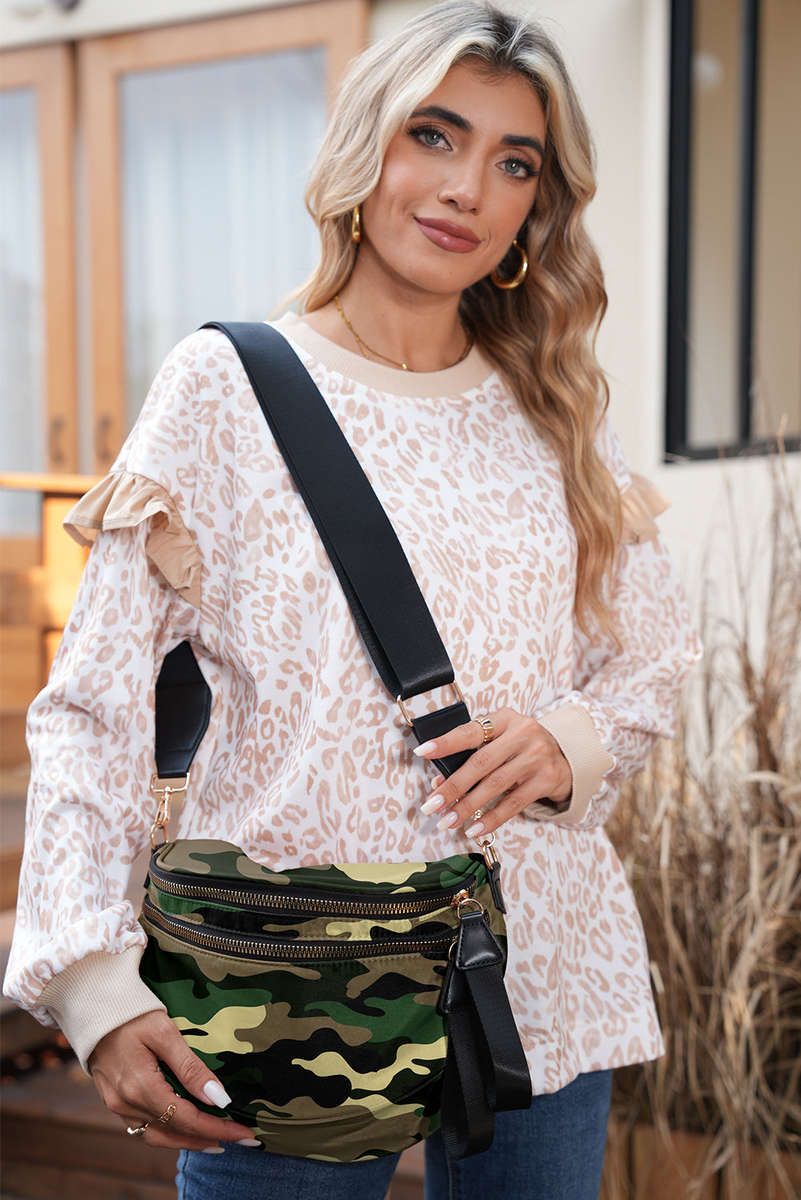 Four Leaf Clover Camouflage Print Gold Chain Strap Double Zipper Crossbody Bag