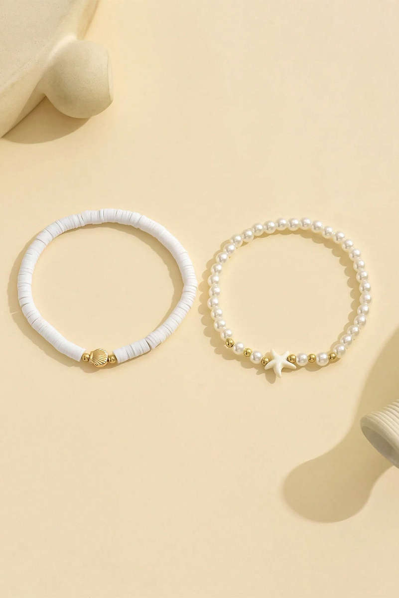 White Starfish Shell Pearl Decor Beaded Double Layer Anklet
