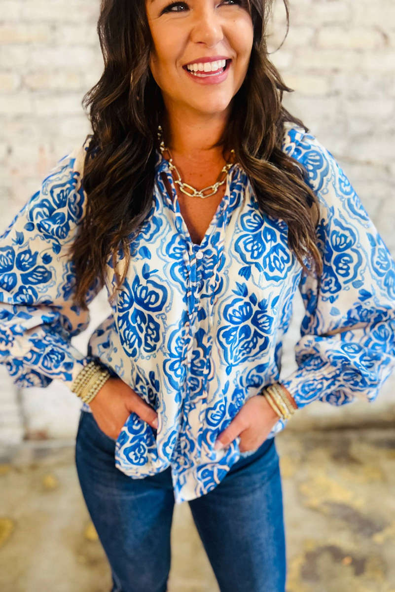 Sky Blue Ethnic Printed Tie Split Neck Button Front Puff Sleeve Shirt