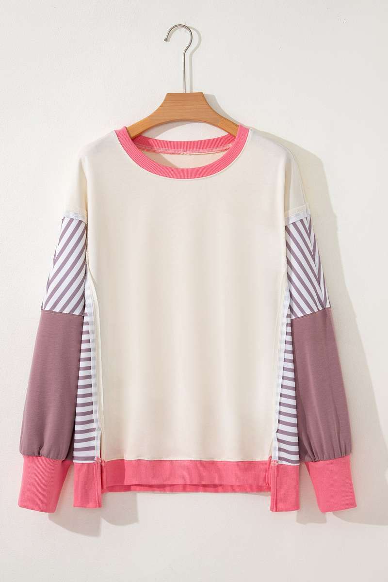 White Color Block Striped Patchwork Dolman Slit Sweatshirt