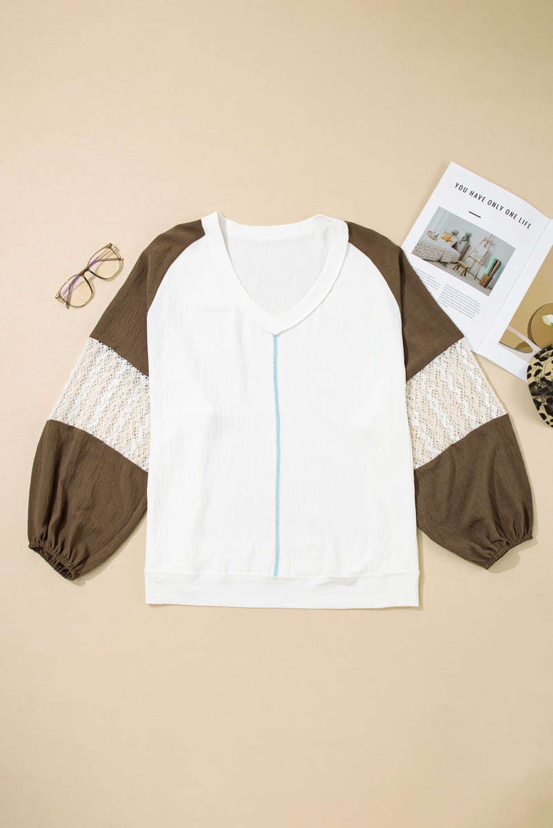 Green Colorblock Lace Patchwork Balloon Sleeve V Neck Plus Size Blouse