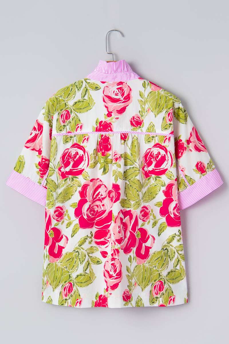 Pink Flower Print Striped Trim Frilled Collar Short Sleeve Shirt