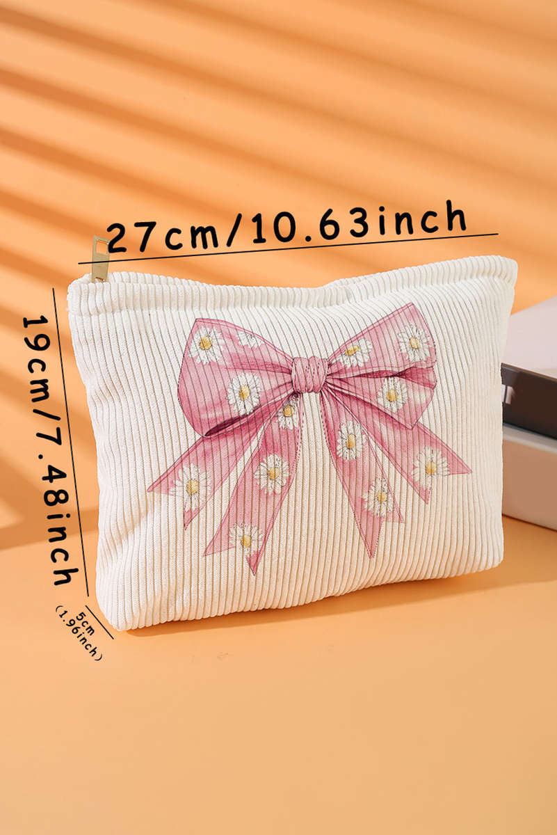Pink Bow Knot Daisy Print Zipper Corduroy Multifunctional Bag