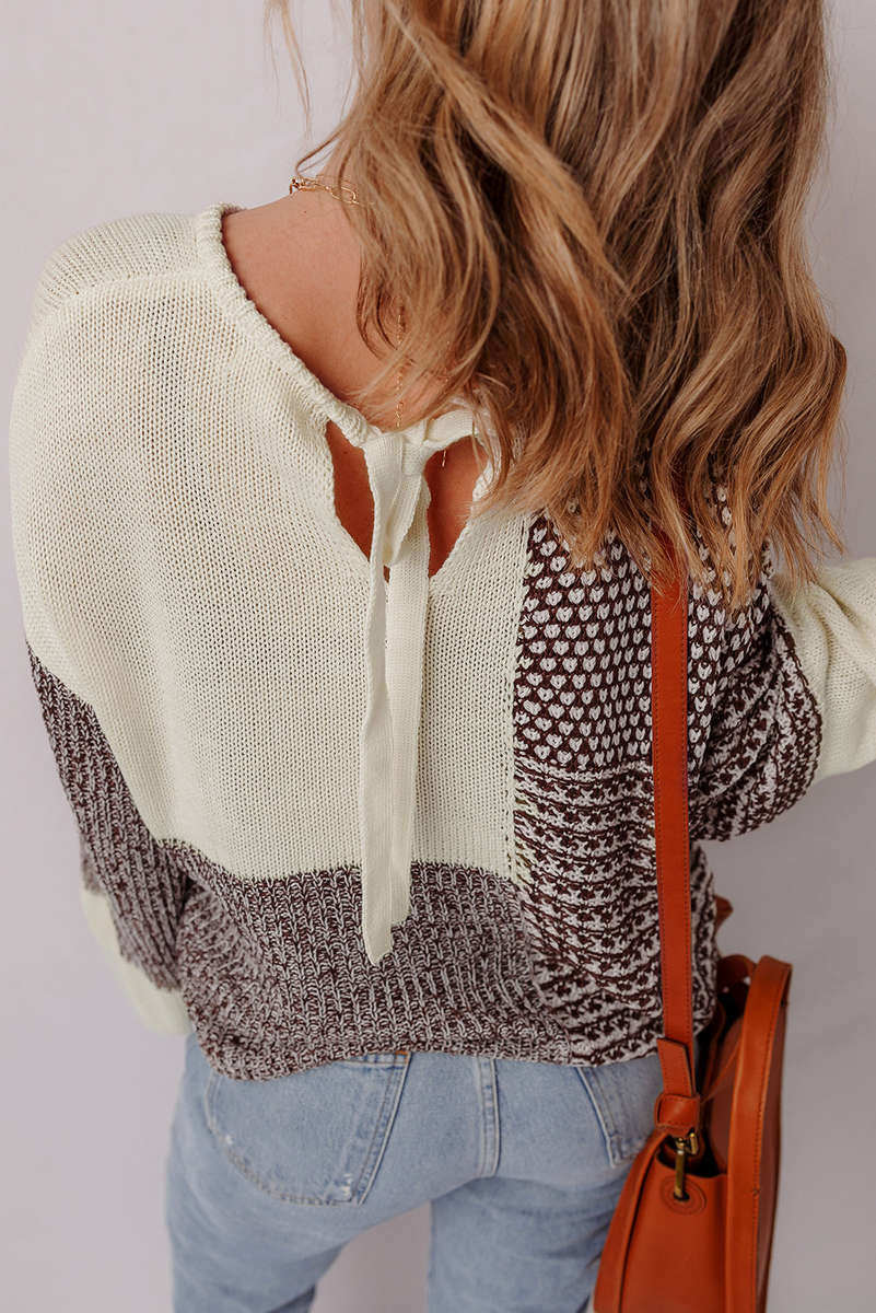 Dark Khaki Color Block Back Tie Drop Shoulder Loose Sweater