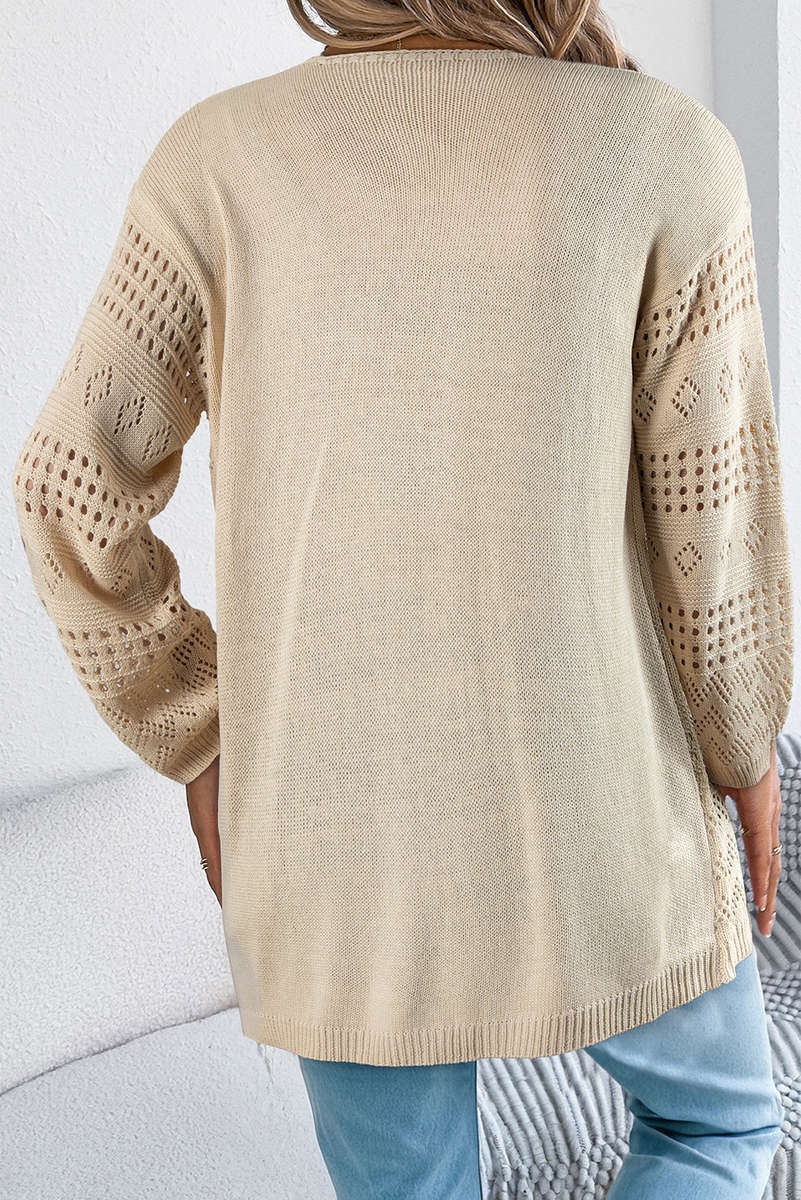 Smoke Gray Solid Color Hollowed Knit Open Front Cardigan Sweater