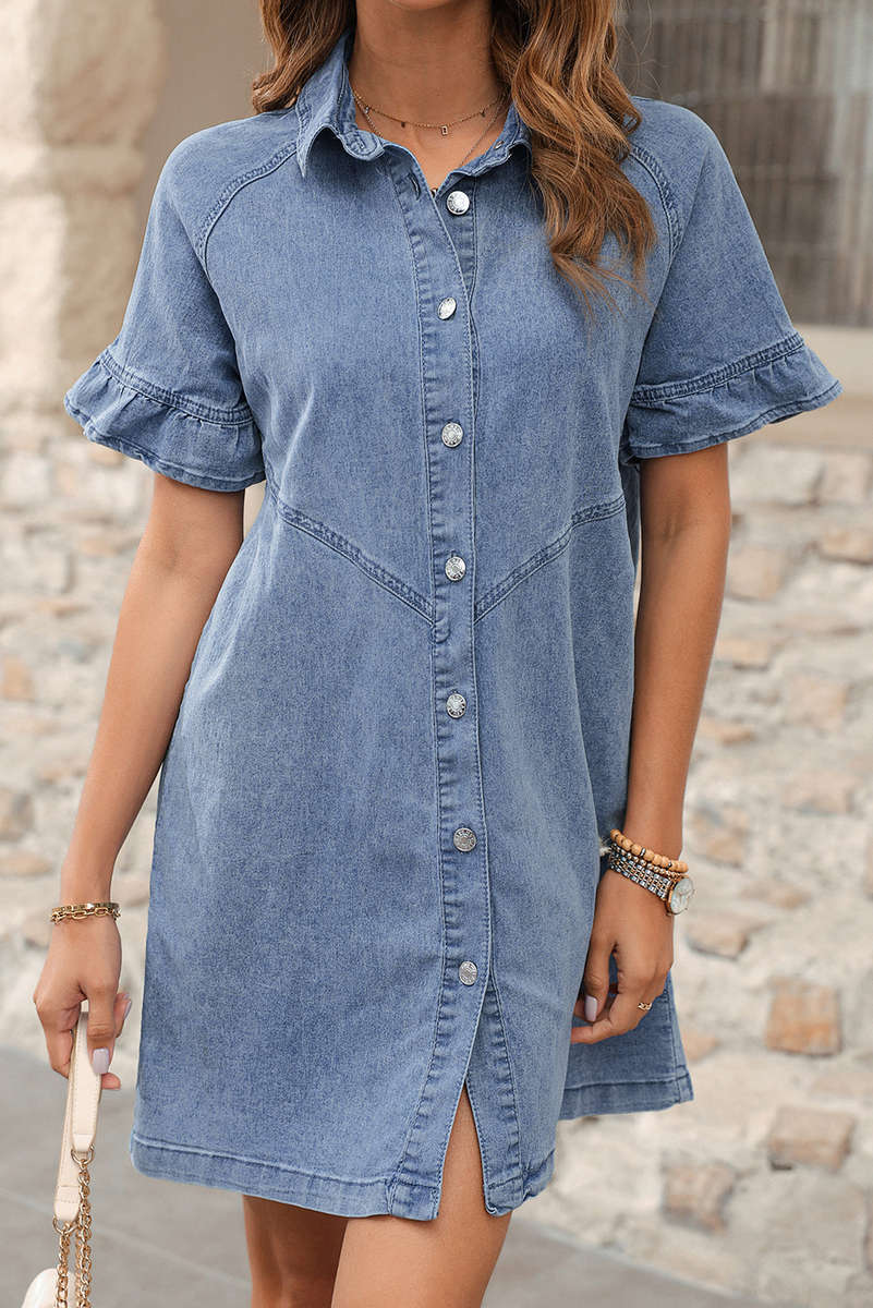Light Blue Frilled Short Sleeve Button Up Loose Denim Shirt Dress