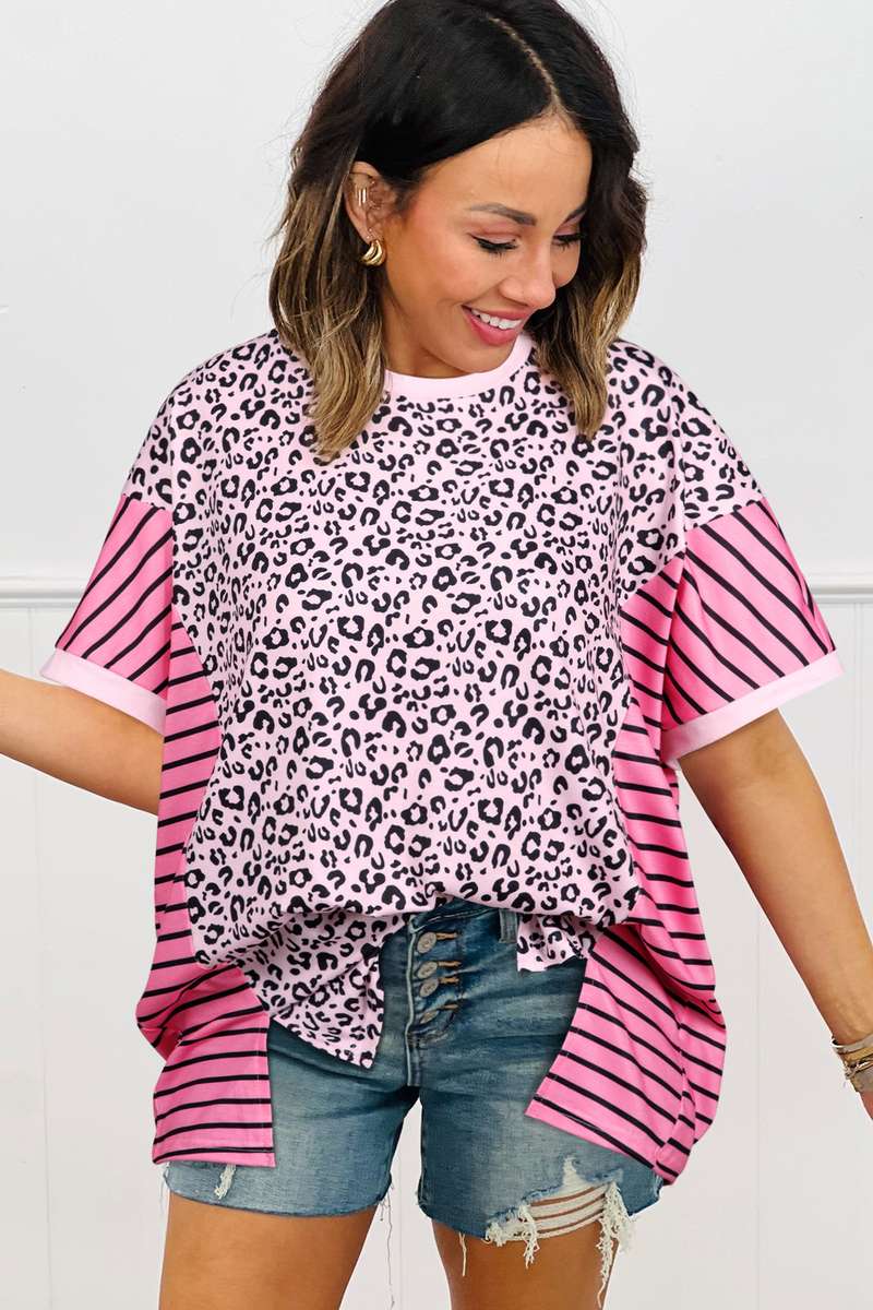 Pink Leopard Striped Patchwork Side Slit Loose Short Sleeve Top