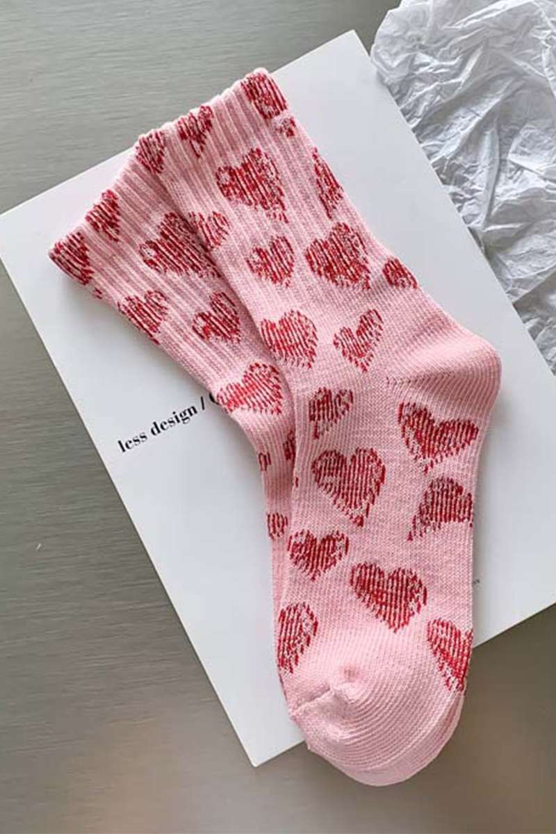 Pink Vintage Heart Pattern Combed Cotton Socks