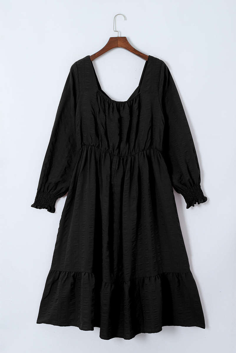 Black Lace-up Ruched Front Long Sleeve Ruffle Hem Plus Size Midi Dress