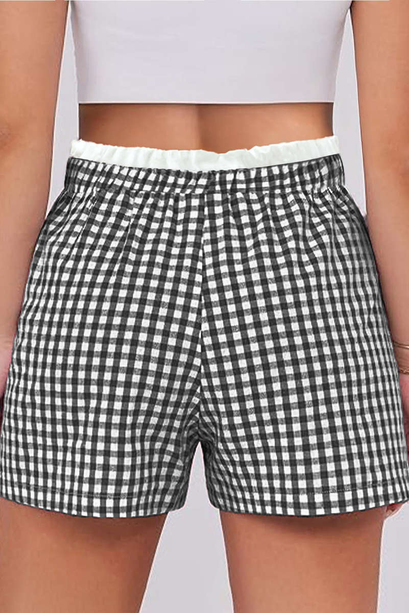 Black Contrast Trim Plaid Print Plus Size Shorts