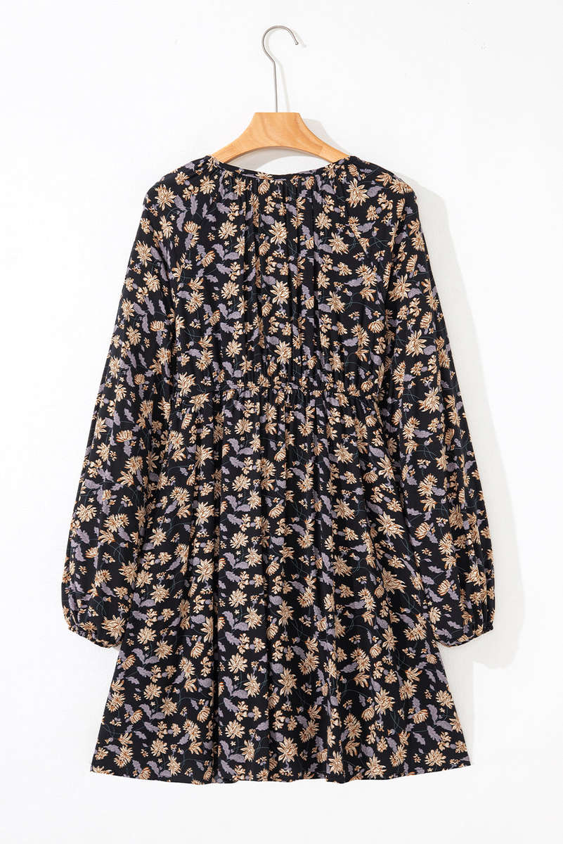 Black Floral Deep V Neck Smocked Bust Bubble Sleeve Babydoll Dress