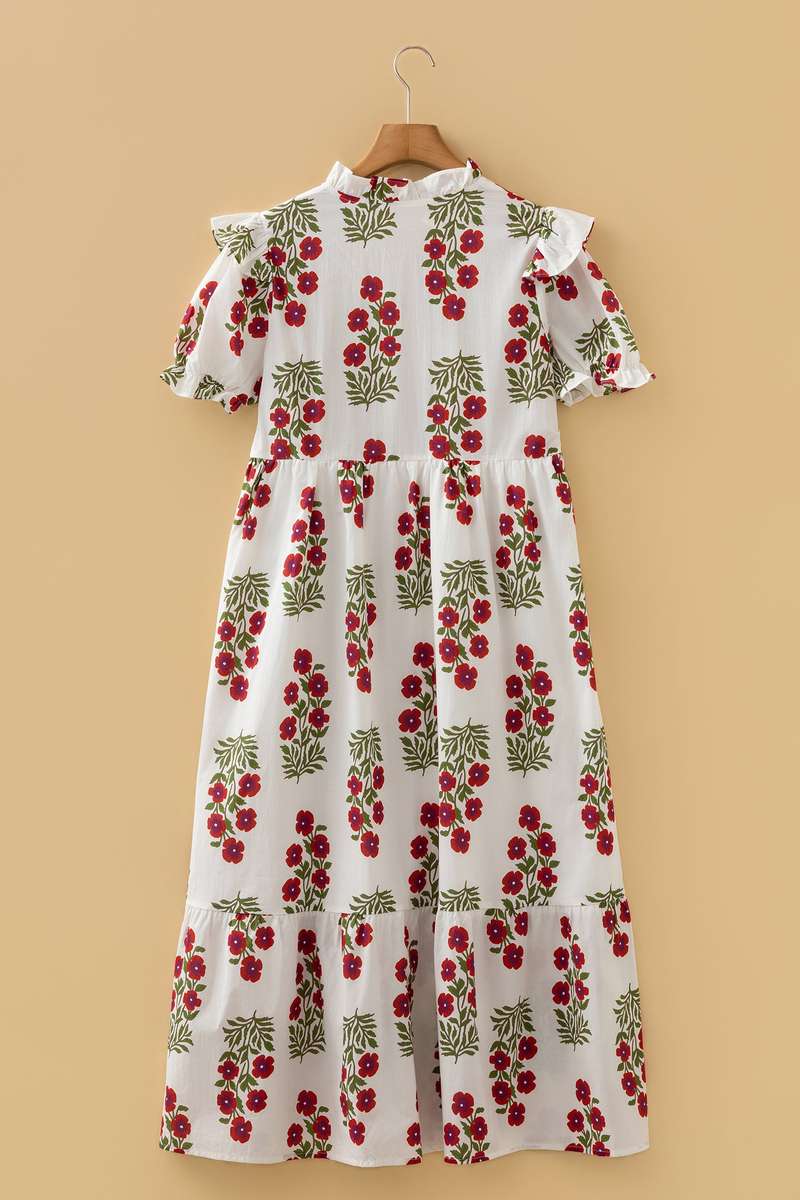 Beige Floral Short Bubble Sleeve Tiered Maxi Dress