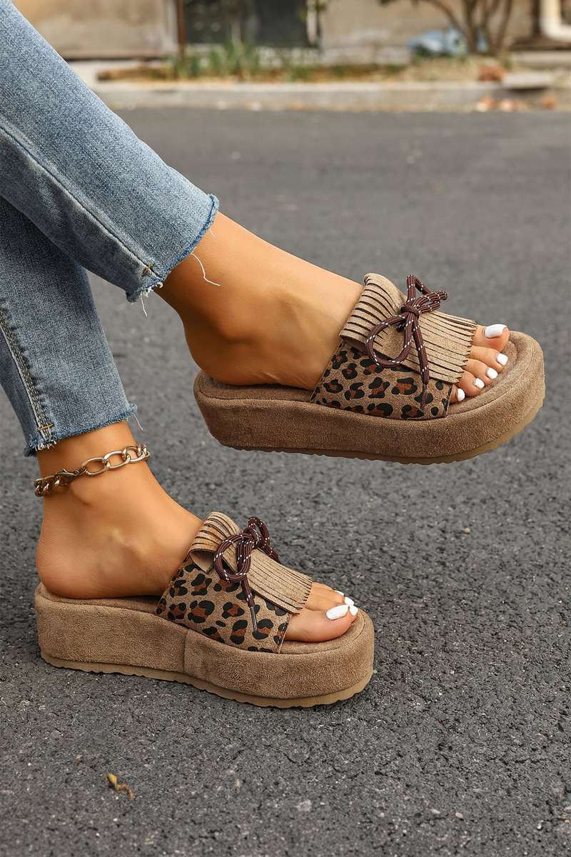 Coffee Leopard Faux Suede Slashed Lace-up Detail Platform Slippers