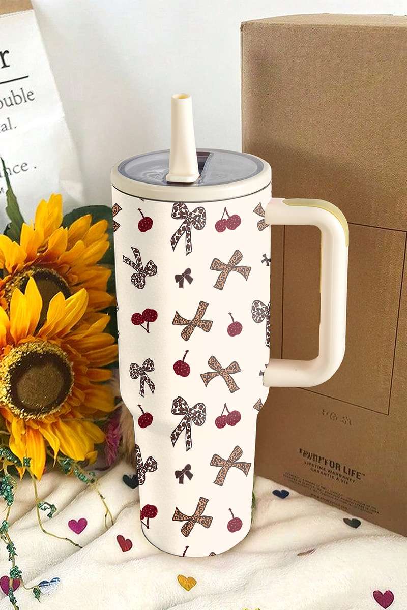 White Leopard Cheery Bow Printed Single Handle Flip Straw Travel Cup