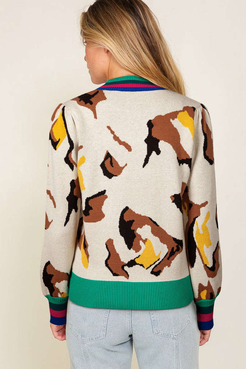 Apricot Contrast Ribbed Stripes Detail Animal Pattern Knit Sweater