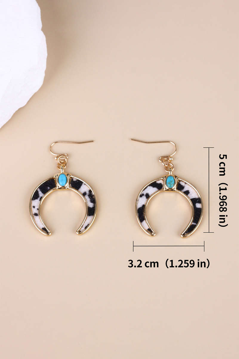Black Cow Print Turquoise Inlay Crescent Shaped Dangle Earrings