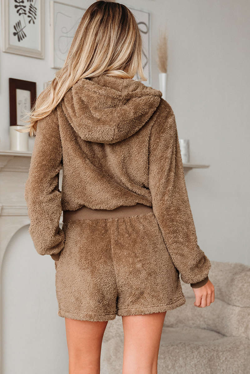 Parchment Zip Up Hoodie Drawstring Shorts Sherpa 2pcs Outfit