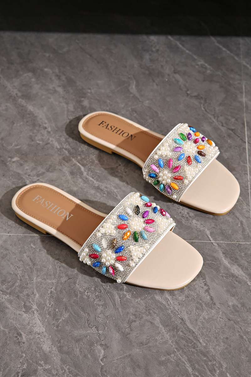 White Rhinestone Pearl Decoration Square Head Beach Slippers