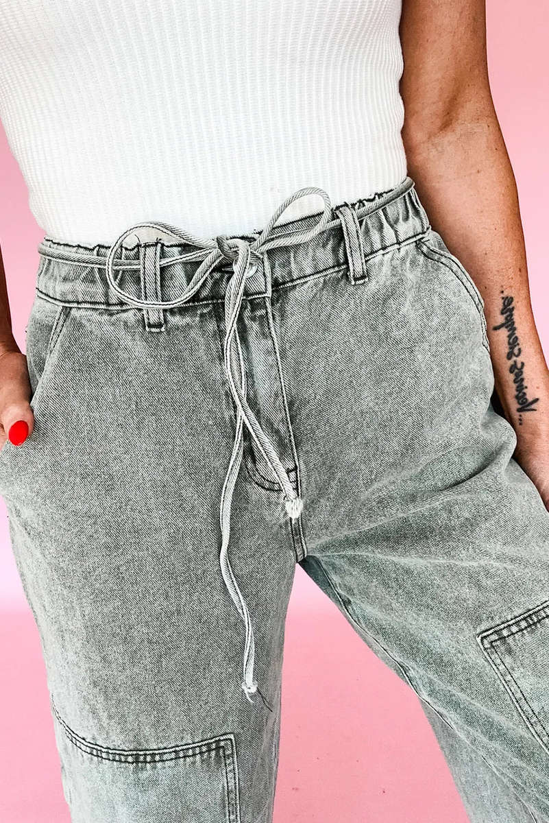 Gray Acid Wash Barrel Fit Denim Pants with Waist String