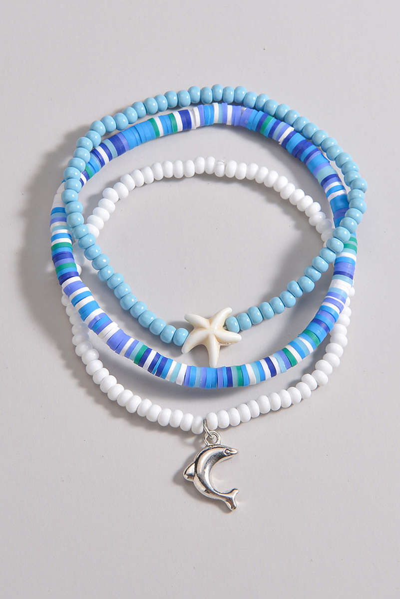 Light Blue Dolphin Starfish Decor Beaded Three Layer Anklet