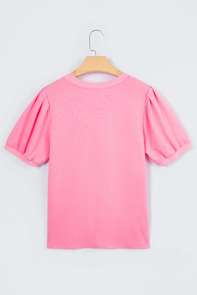Bonbon Solid Color V Neck Short Puff Sleeve Blouse