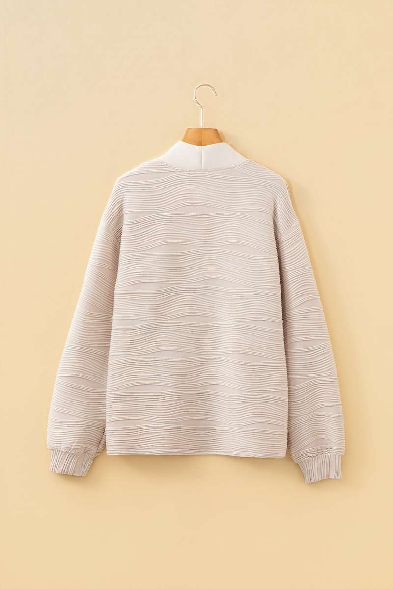 Parchment Solid Color Textured Zip V Neck Pullover Sweatshirt