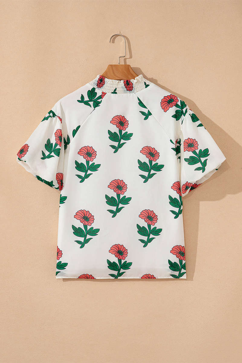 Beige Floral Print Shirred Split Neck Short Sleeve Blouse