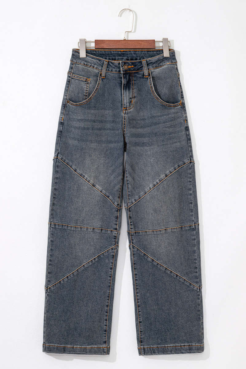 Sail Blue Exposed Stitching Loose Straight High Waist Jeans