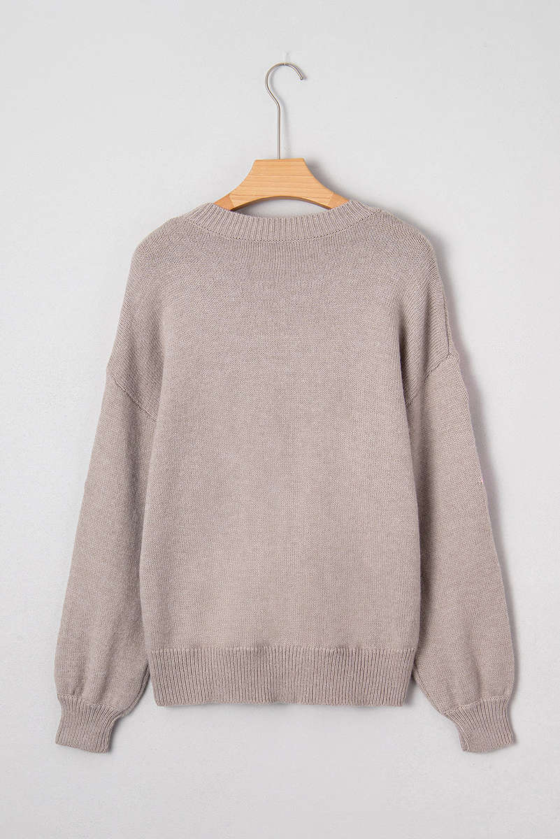 Simply Taupe Embroidered Floral Sleeve Round Neck Loose Sweater