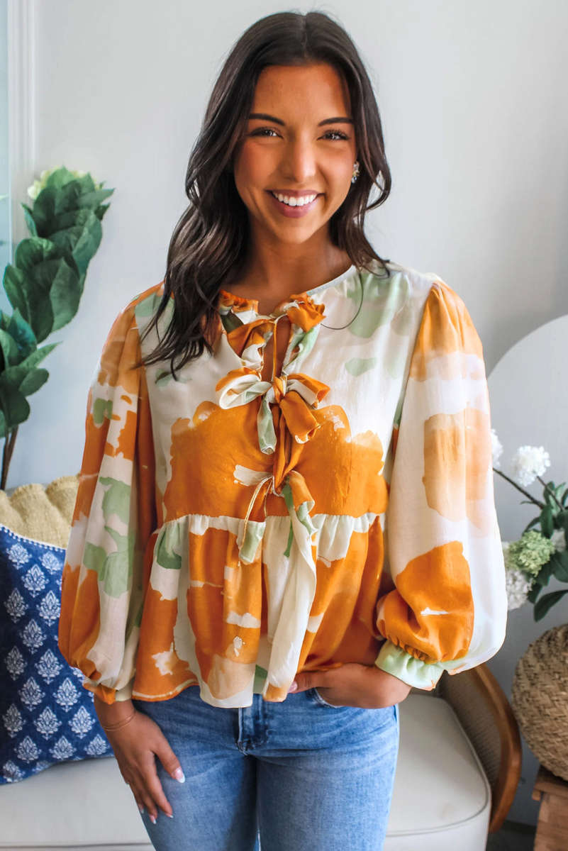 Carrot Abstract Floral Print Bow Tie Long Puff Sleeve Blouse