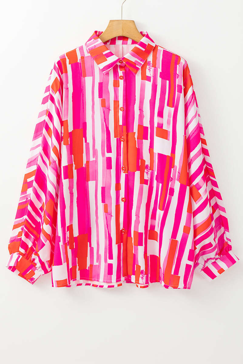 Pink Abstract Print Batwing Sleeve Casual Shirt