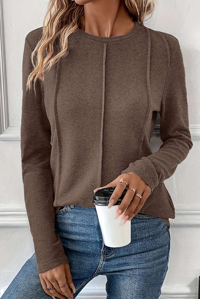 Chicory Coffee Solid Exposed Seam Crew Neck Long Sleeve Top