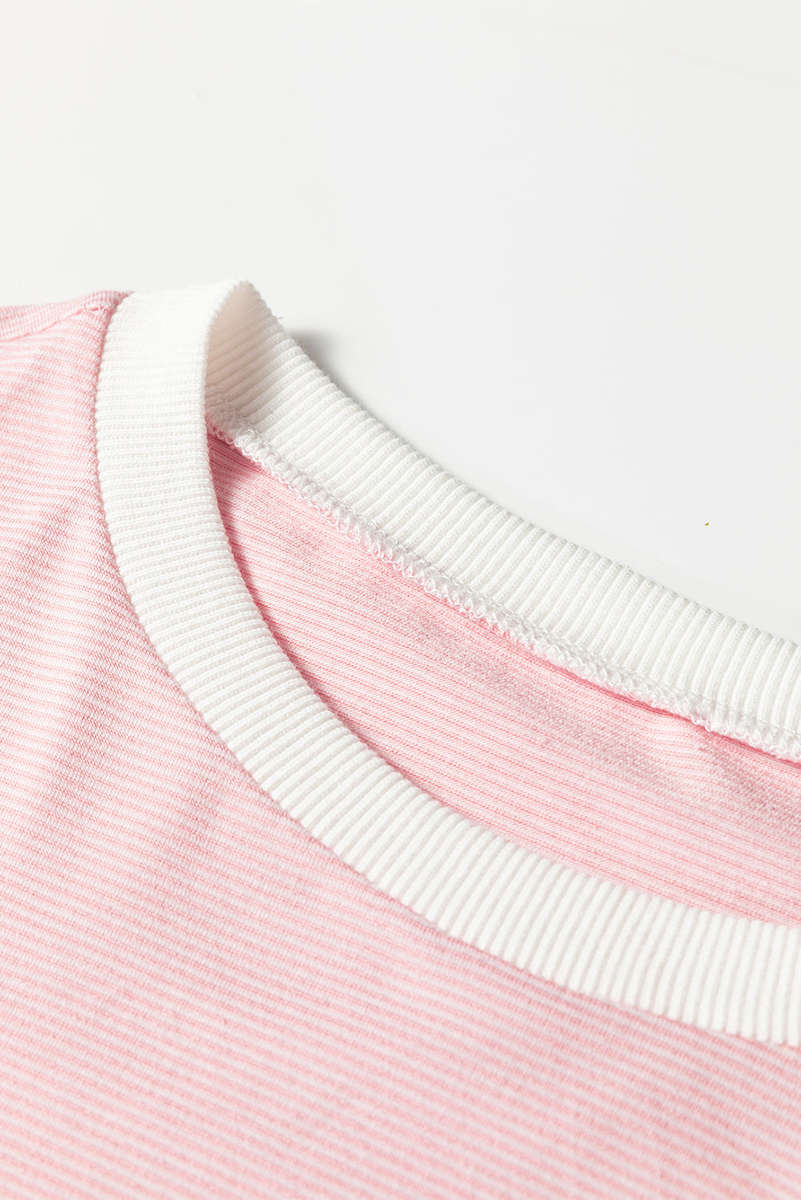 Pink Stripe Contrast Edge Patchwork Long Sleeve Top