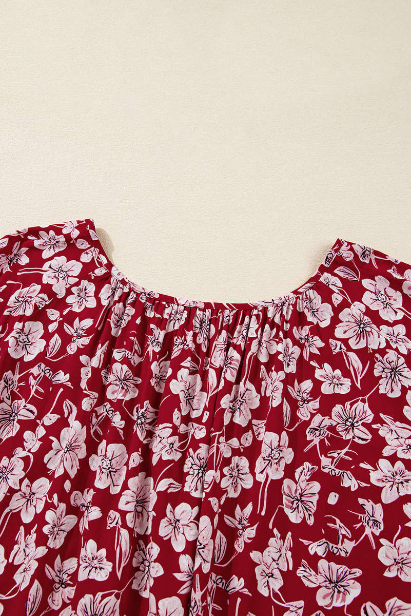 Purple Plus Floral Balloon Sleeve V Neck Relaxed Dress