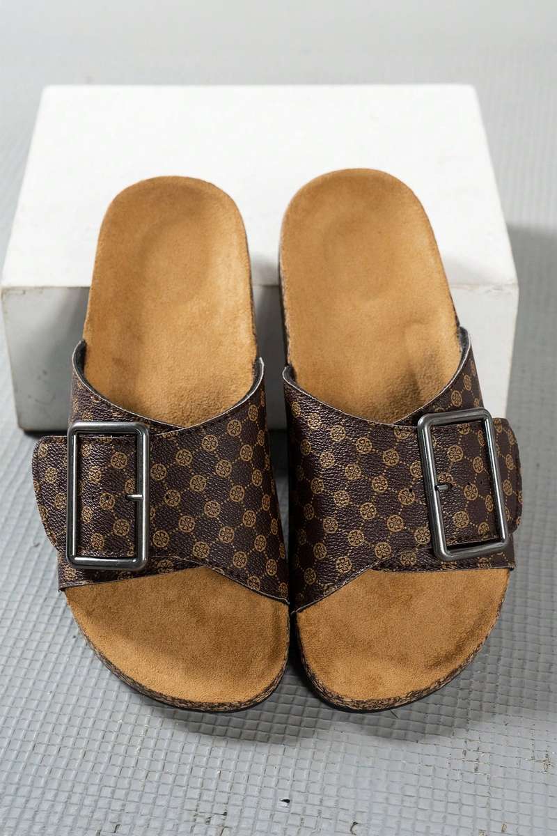 Coffee Retro Geometric Print Buckle Strap Flat Slippers