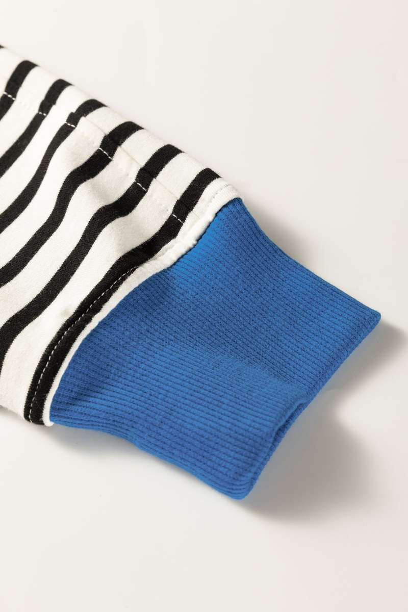 Black Stripe Color Block Patchwork Button Polo Collar Side Slit Sweatshirt