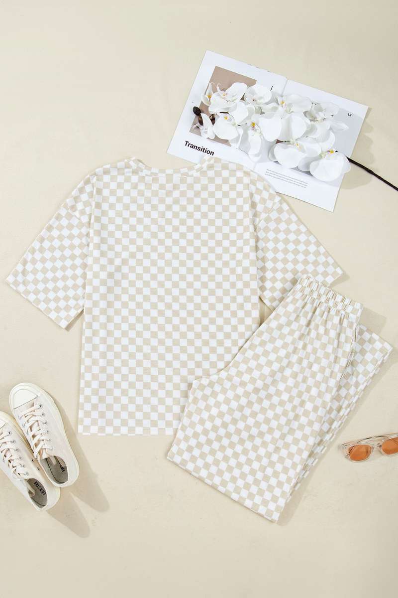 Khaki Checkered Print Half Sleeve Tee 2pcs Lounge Pant Set